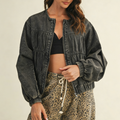 Shirred Zip Front Collarless Denim Bomber - Black