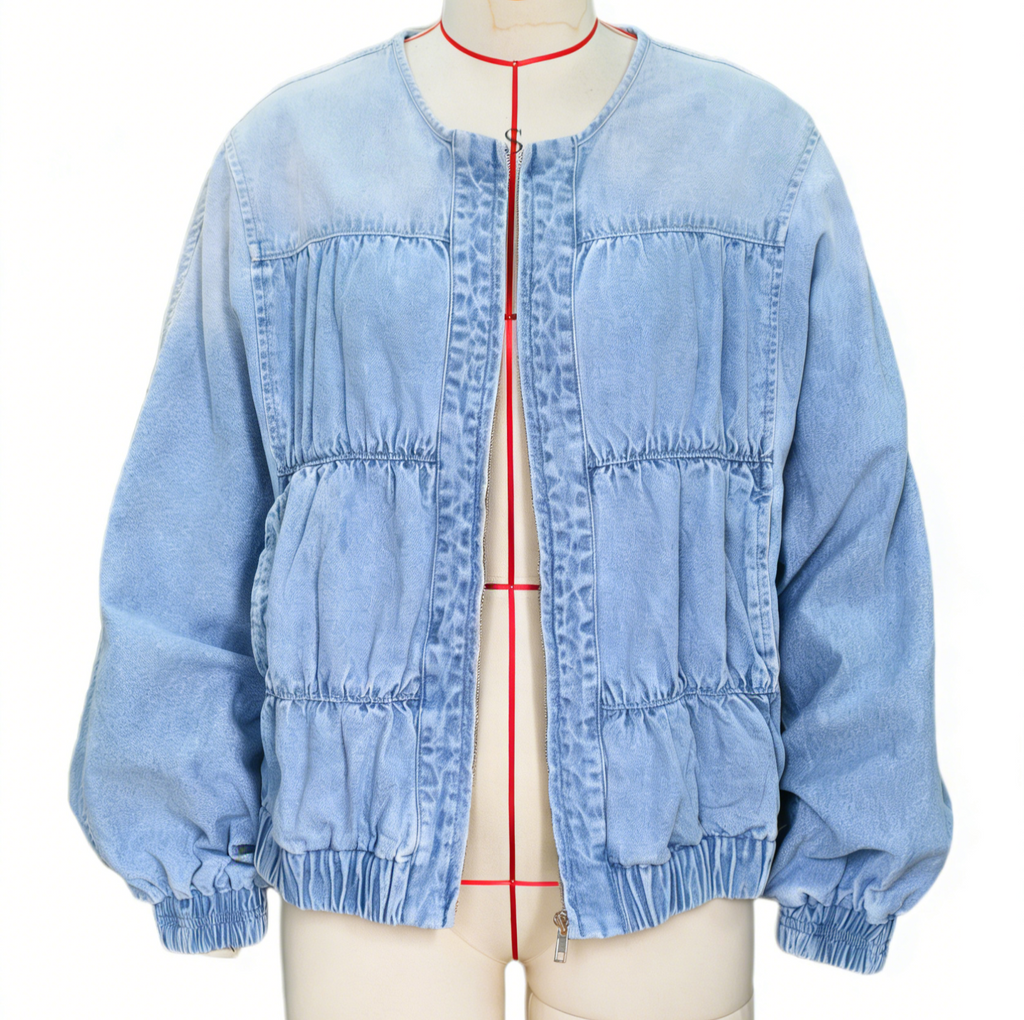 Shirred Zip Front Collarless Denim Bomber - Blue
