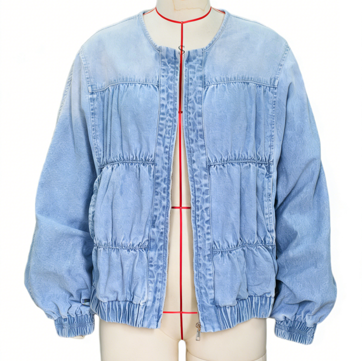 Shirred Zip Front Collarless Denim Bomber - Blue