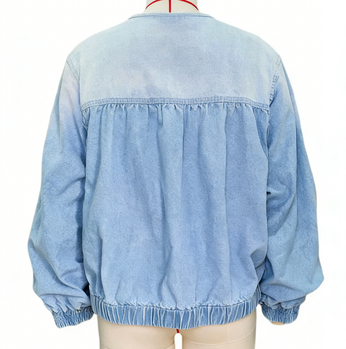 Shirred Zip Front Collarless Denim Bomber - Blue - 1