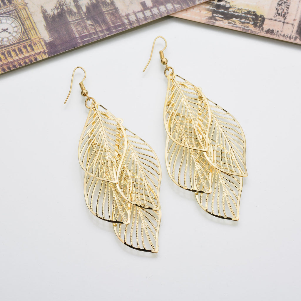 Layered Filigree Leaf Drop Earrings - Gold