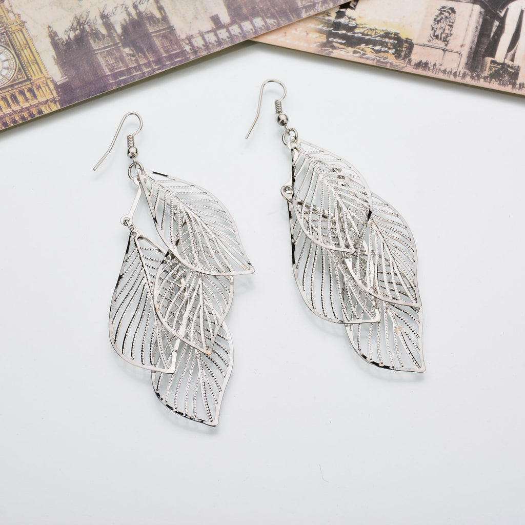 Layered Filigree Leaf Drop Earrings - Silver