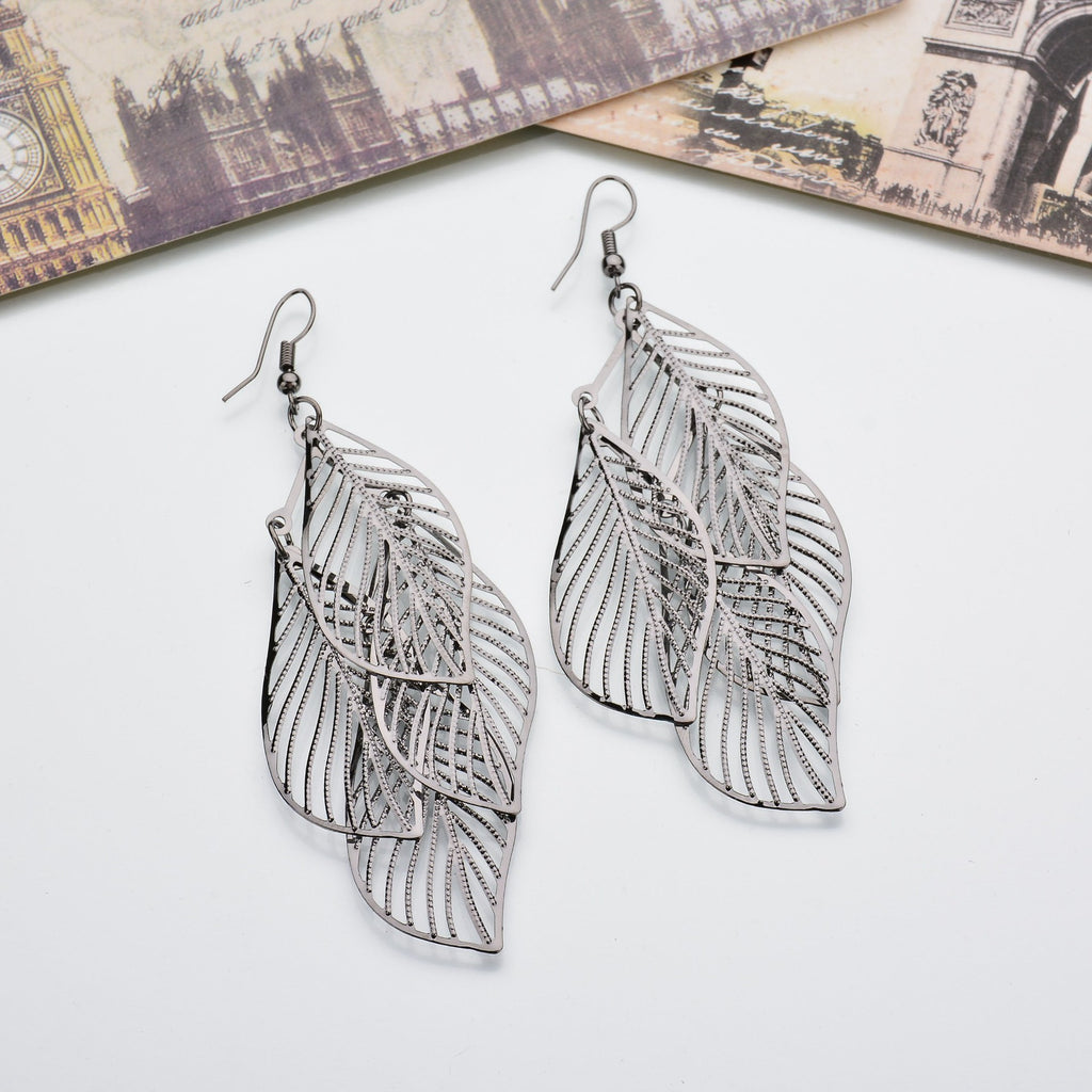 Layered Filigree Leaf Drop Earrings - black