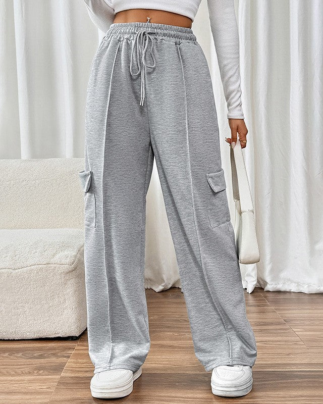Wide Leg Cargo Pocket Sweatpants - Gray - 1