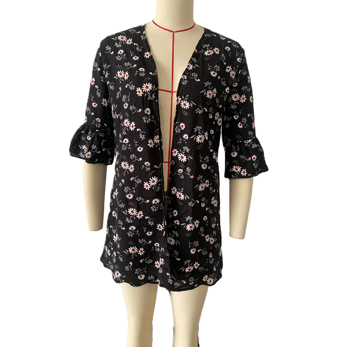 Ditsy Daisy Open Front Beach Kimono - Black - 1