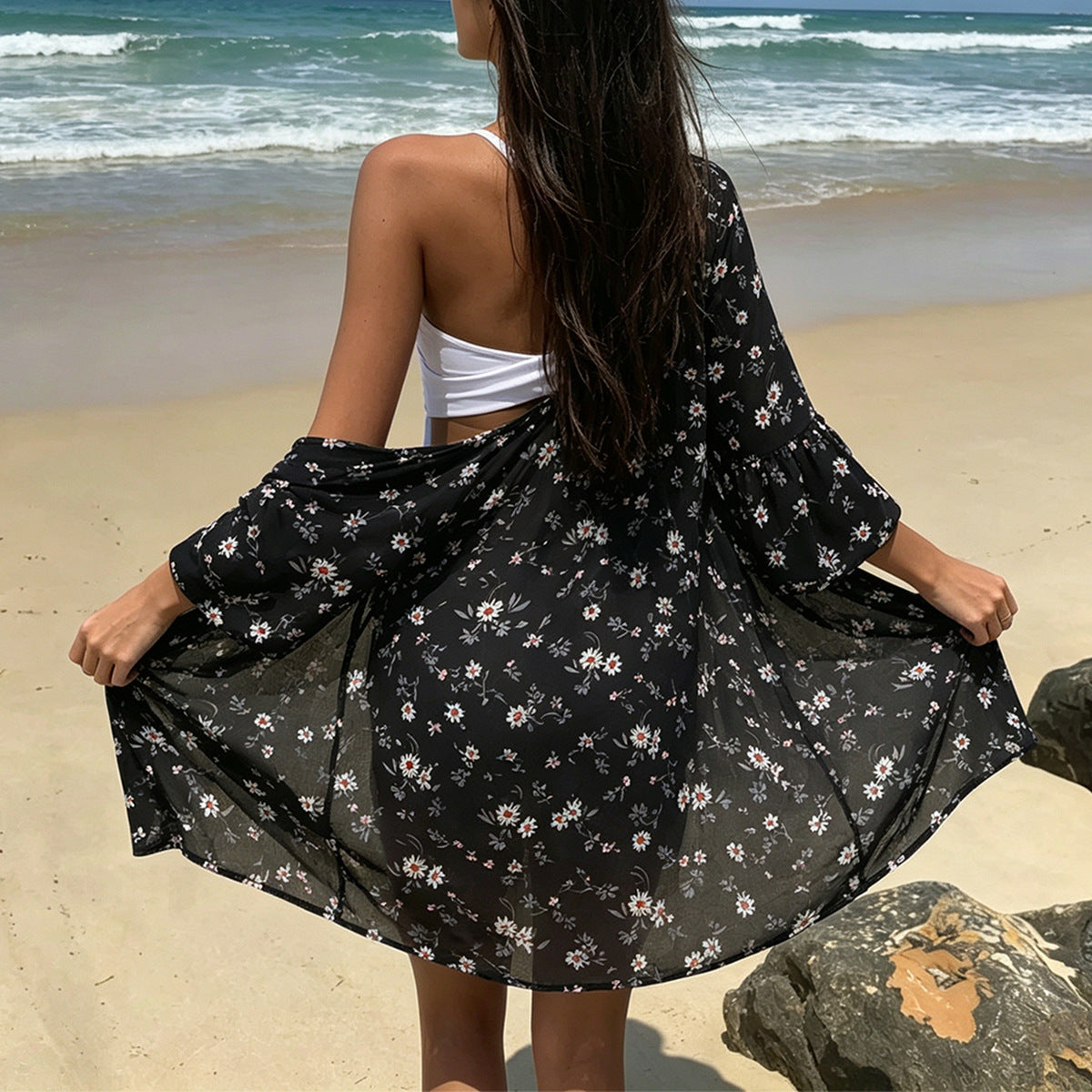 Ditsy Daisy Open Front Beach Kimono - Black - 3