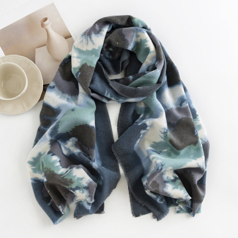 Watercolour Print Lightweight Long Scarf - Blue