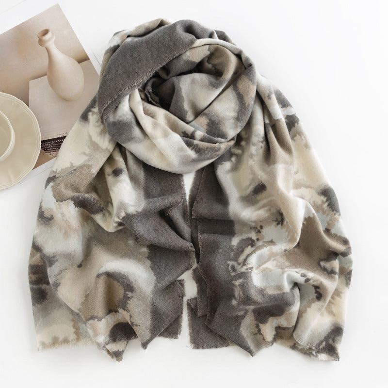 Watercolour Print Lightweight Long Scarf - Grey