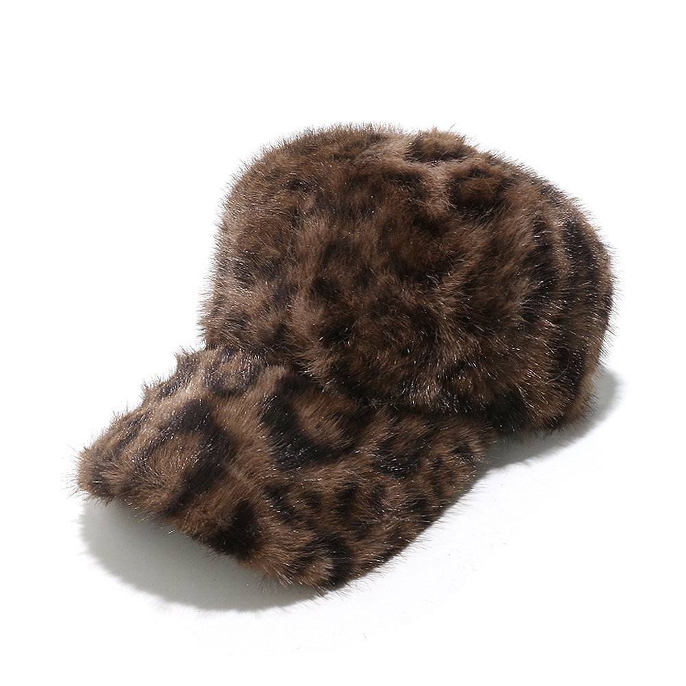 Faux Fur Leopard Print Baseball Cap - Brown