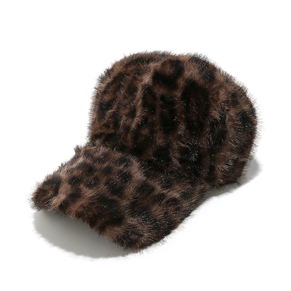 Faux Fur Leopard Print Baseball Cap - Coffee