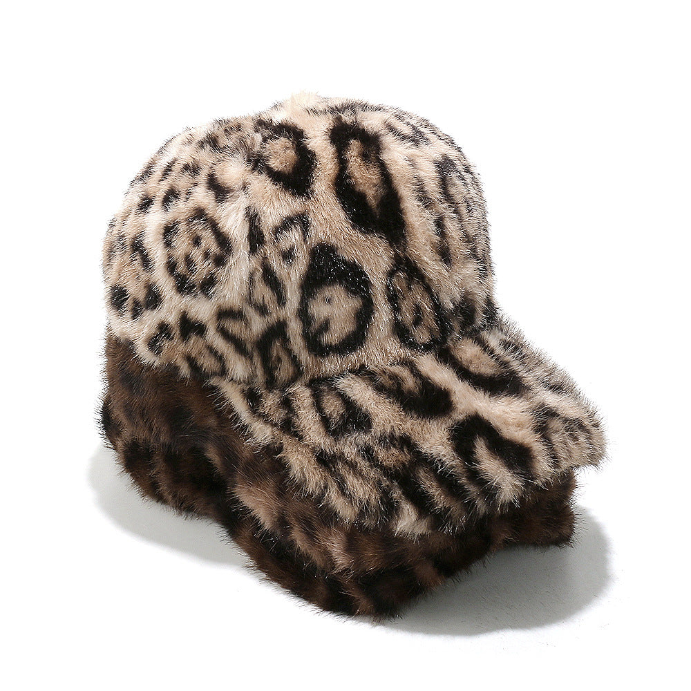 Faux Fur Leopard Print Baseball Cap
