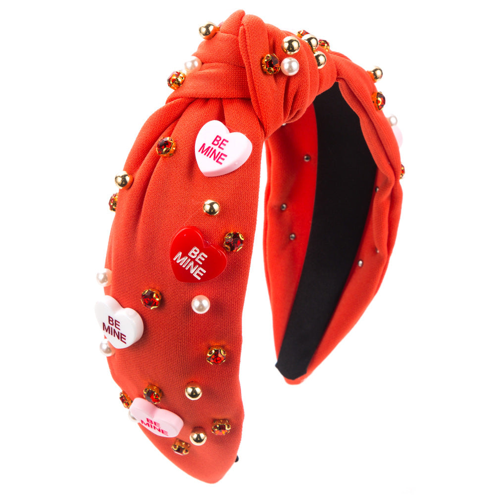 Candy Heart Pearl Studded Knot Headband - OrangeRed