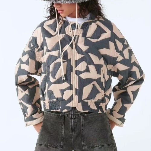 Abstract Geometric Print Quilted Bomber Jacket - BlackGrey