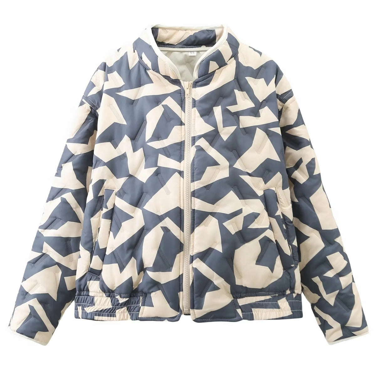 Abstract Geometric Print Quilted Bomber Jacket - BlackGrey - 1