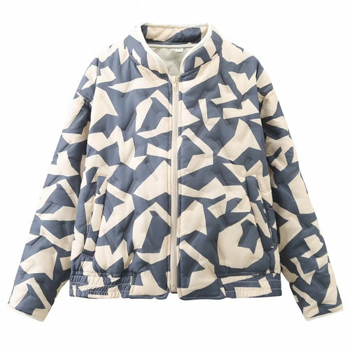 Abstract Geometric Print Quilted Bomber Jacket - BlackGrey - 1