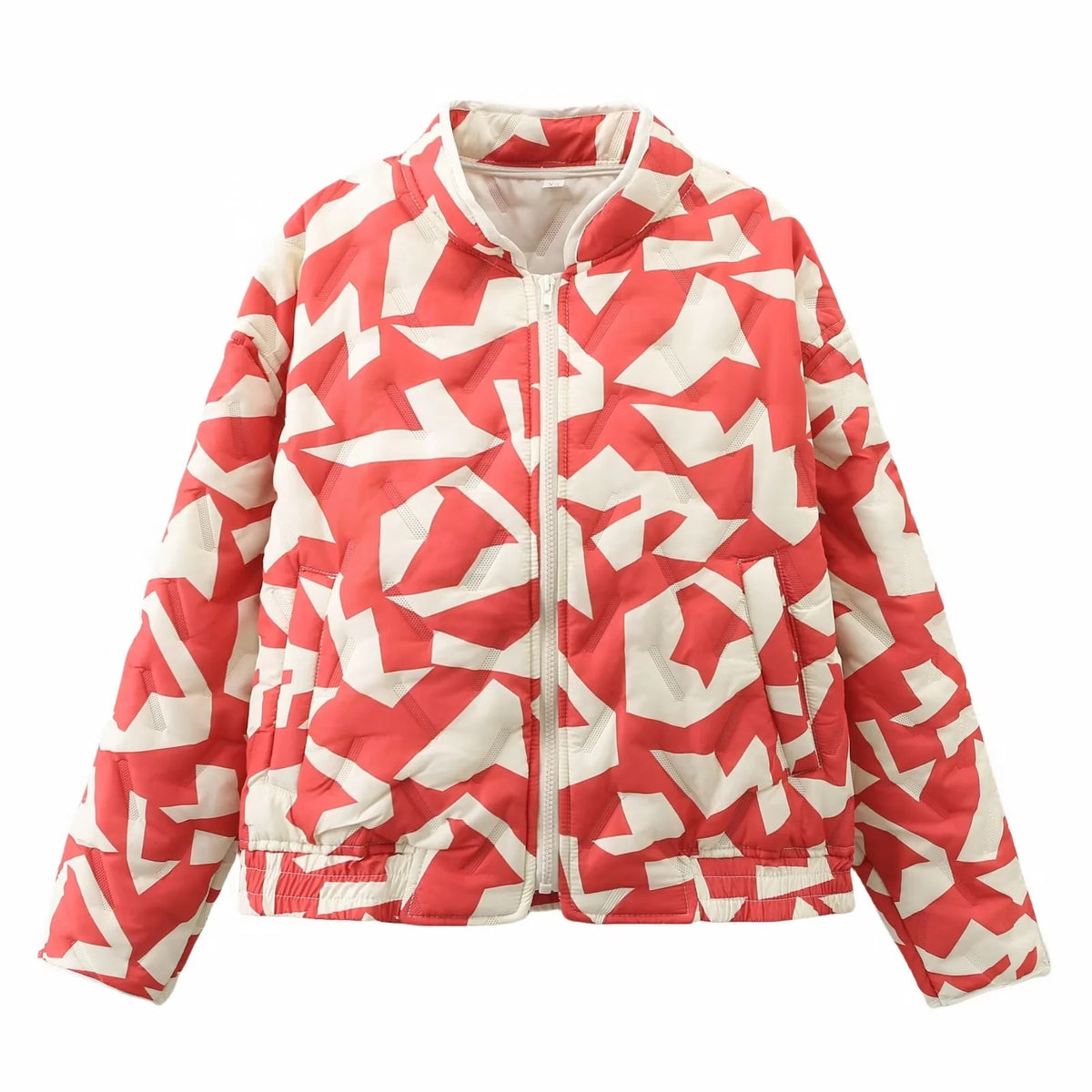 Abstract Geometric Print Quilted Bomber Jacket - Red