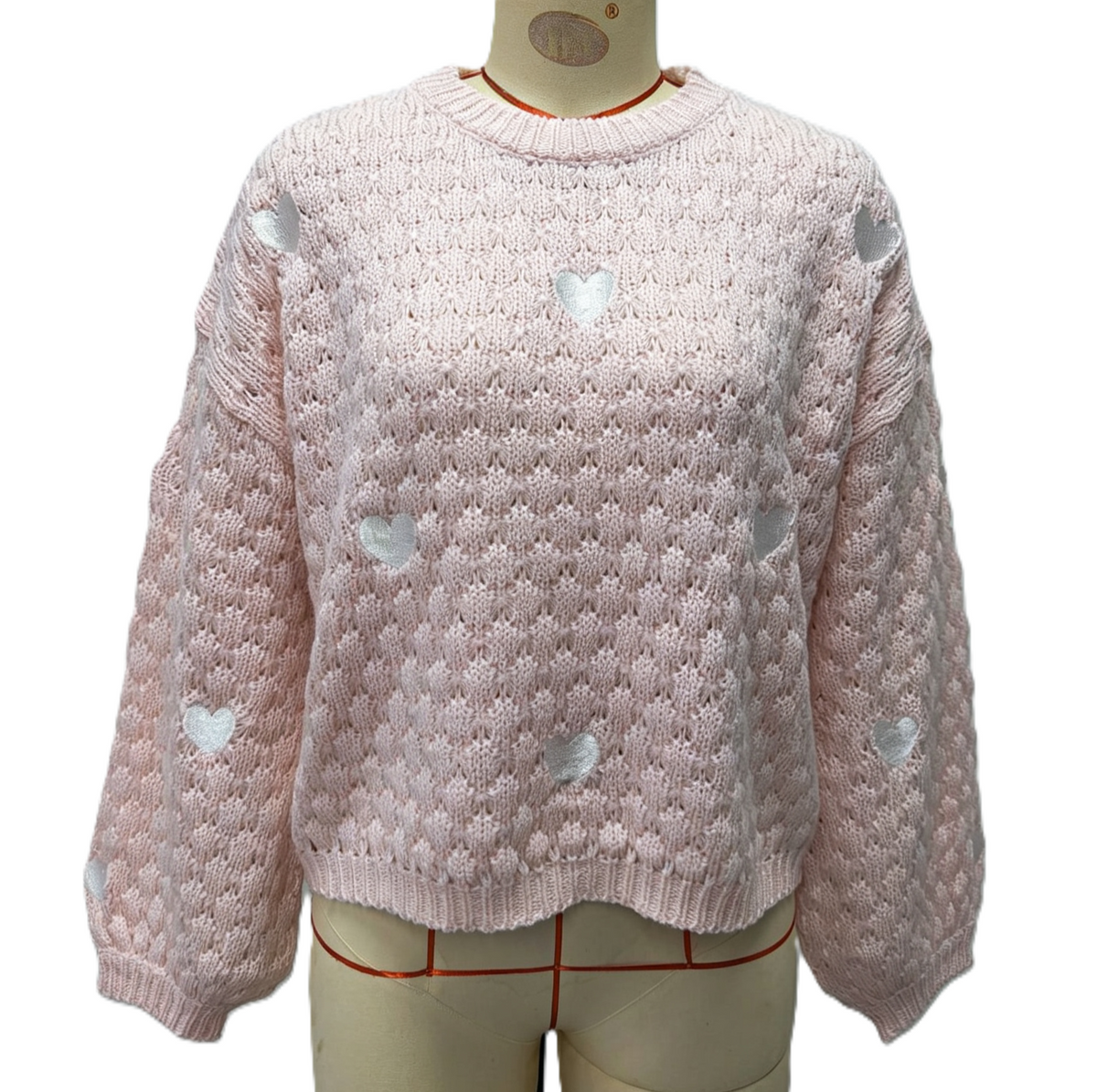 Heart Motif Bubble Knit Balloon Sleeve Sweater - Pink