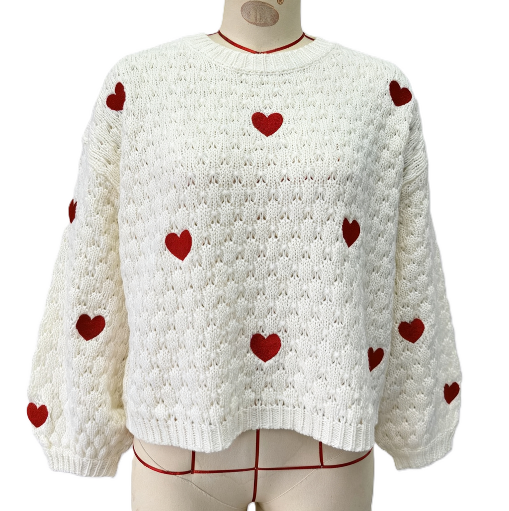 Heart Motif Bubble Knit Balloon Sleeve Sweater - White