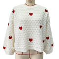 Heart Motif Bubble Knit Balloon Sleeve Sweater - White