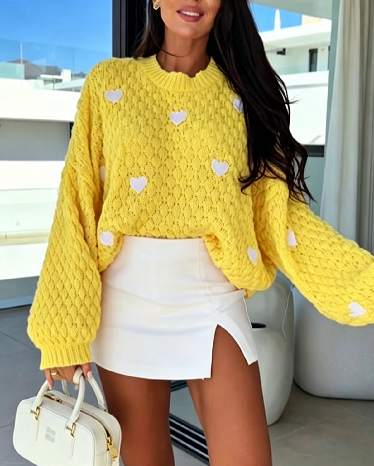 Heart Motif Bubble Knit Balloon Sleeve Sweater - Yellow