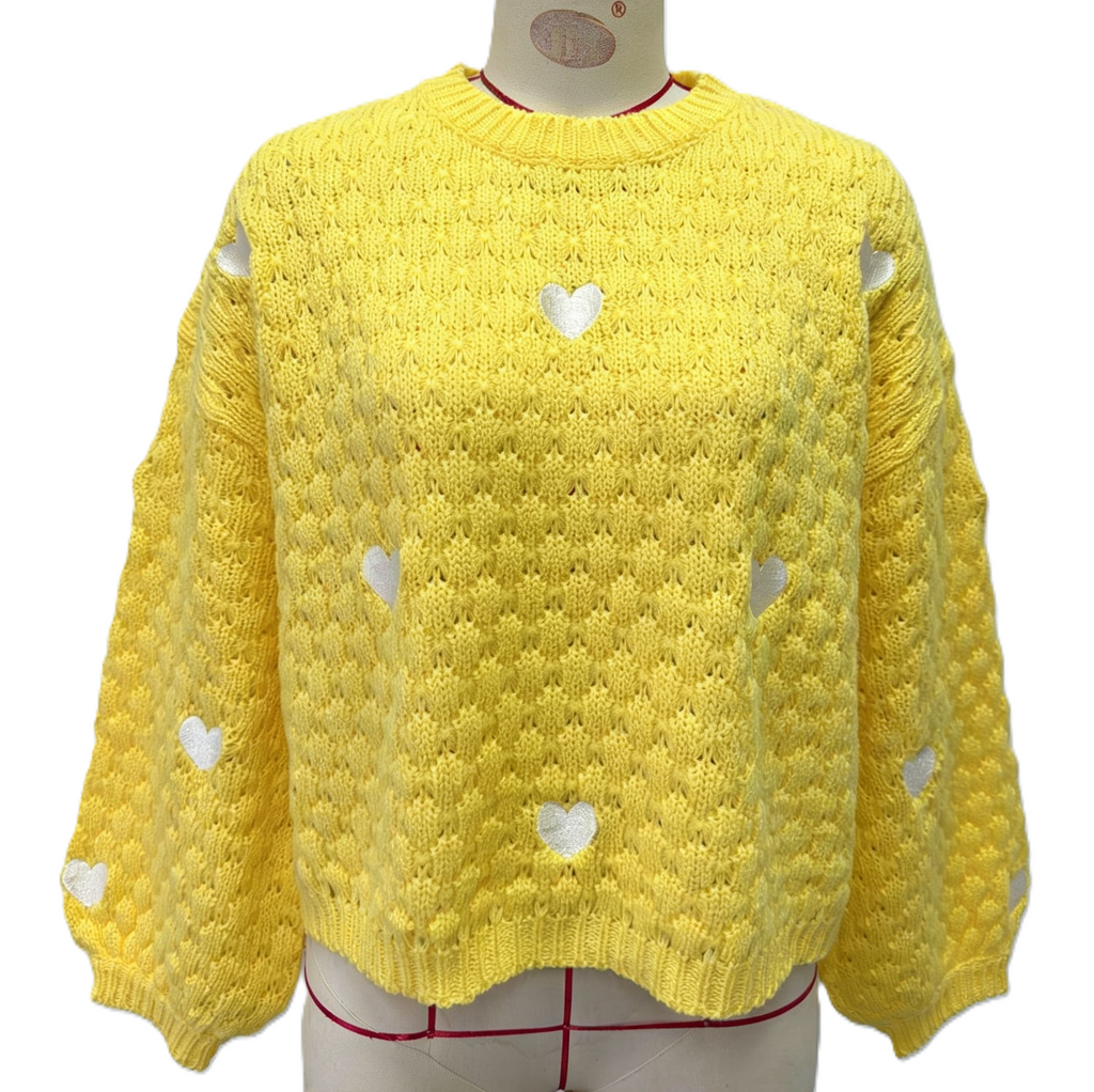Heart Motif Bubble Knit Balloon Sleeve Sweater - Yellow - 1