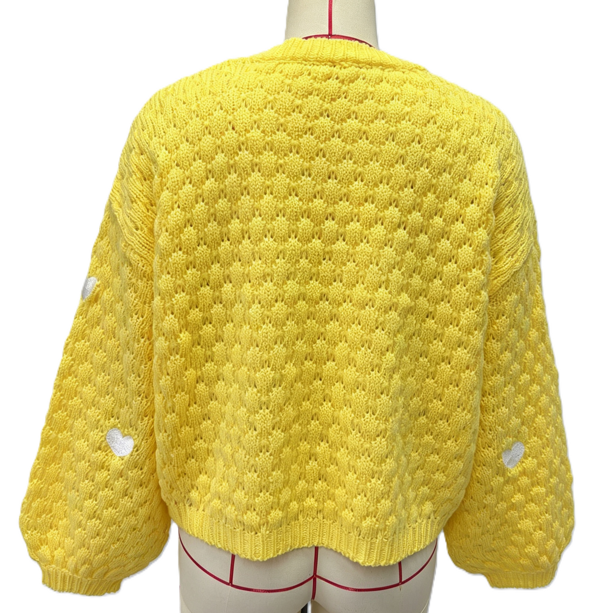 Heart Motif Bubble Knit Balloon Sleeve Sweater - Yellow - 2