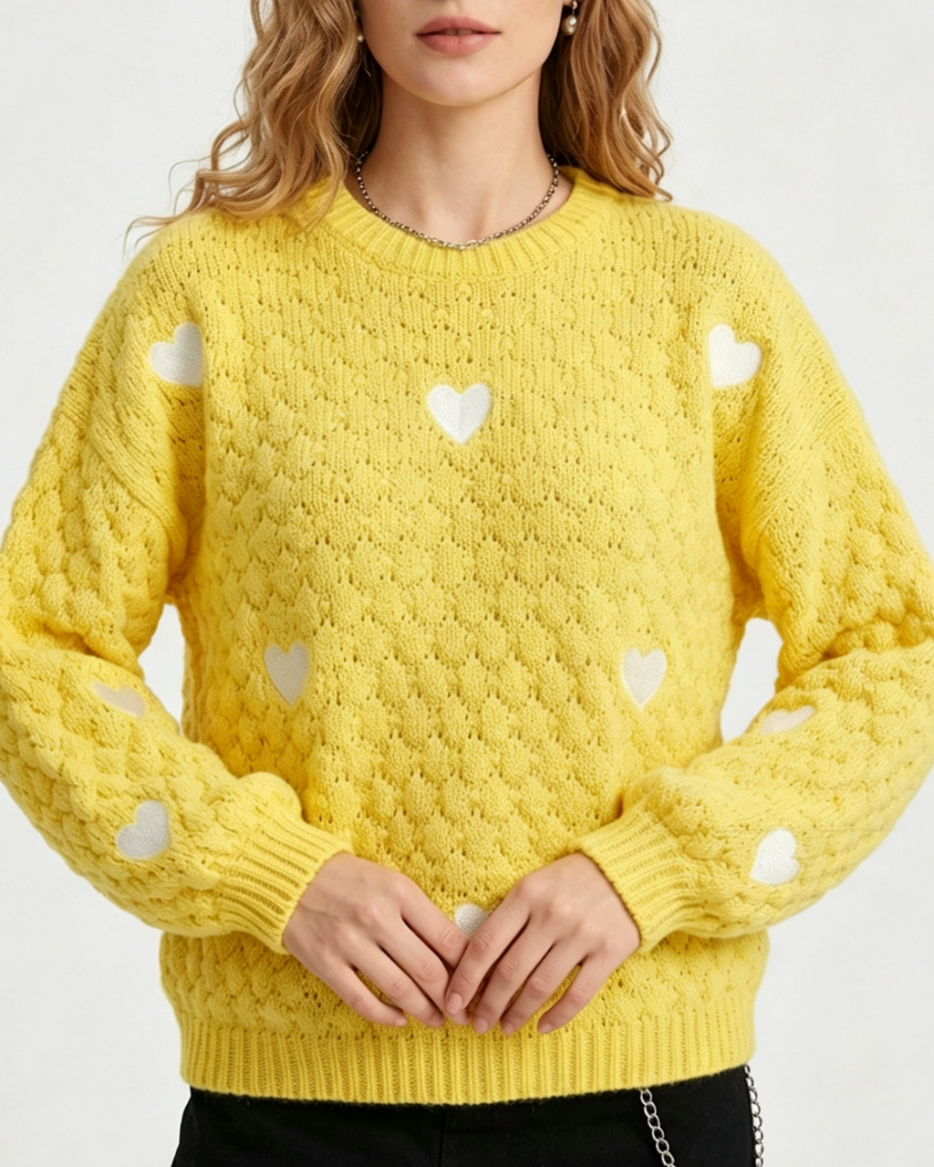 Heart Motif Bubble Knit Balloon Sleeve Sweater - Yellow - 3