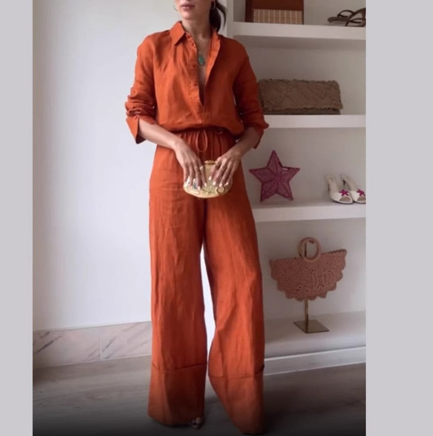 Textured Shirt and Wide Leg Trouser Set - Orange - 1