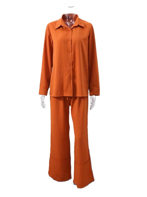 Textured Shirt and Wide Leg Trouser Set - Orange - 2
