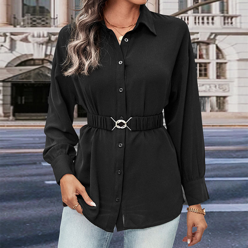Belted Longline Button Down Shirt - Black