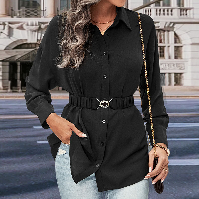Belted Longline Button Down Shirt - Black - 1