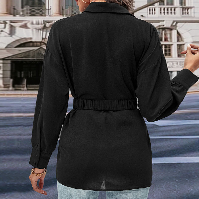 Belted Longline Button Down Shirt - Black - 4