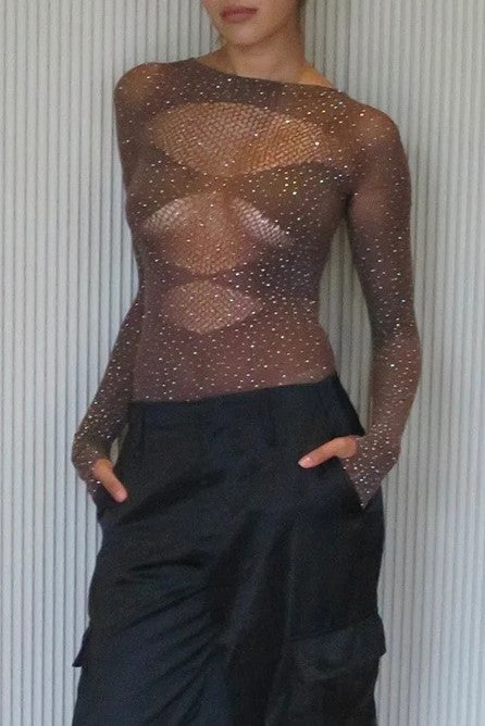 Rhinestone Sheer Mesh Long Sleeve Bodysuit - Coffee - 1