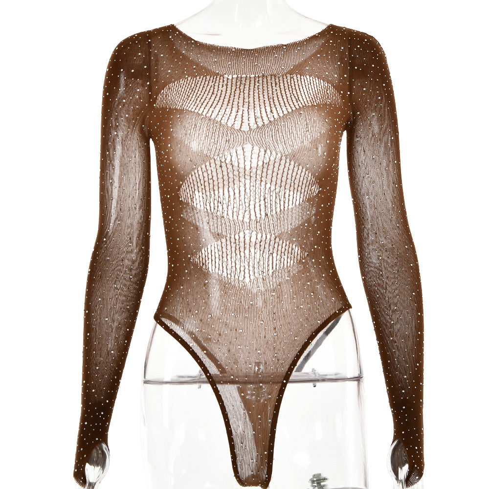 Rhinestone Sheer Mesh Long Sleeve Bodysuit - Coffee - 2