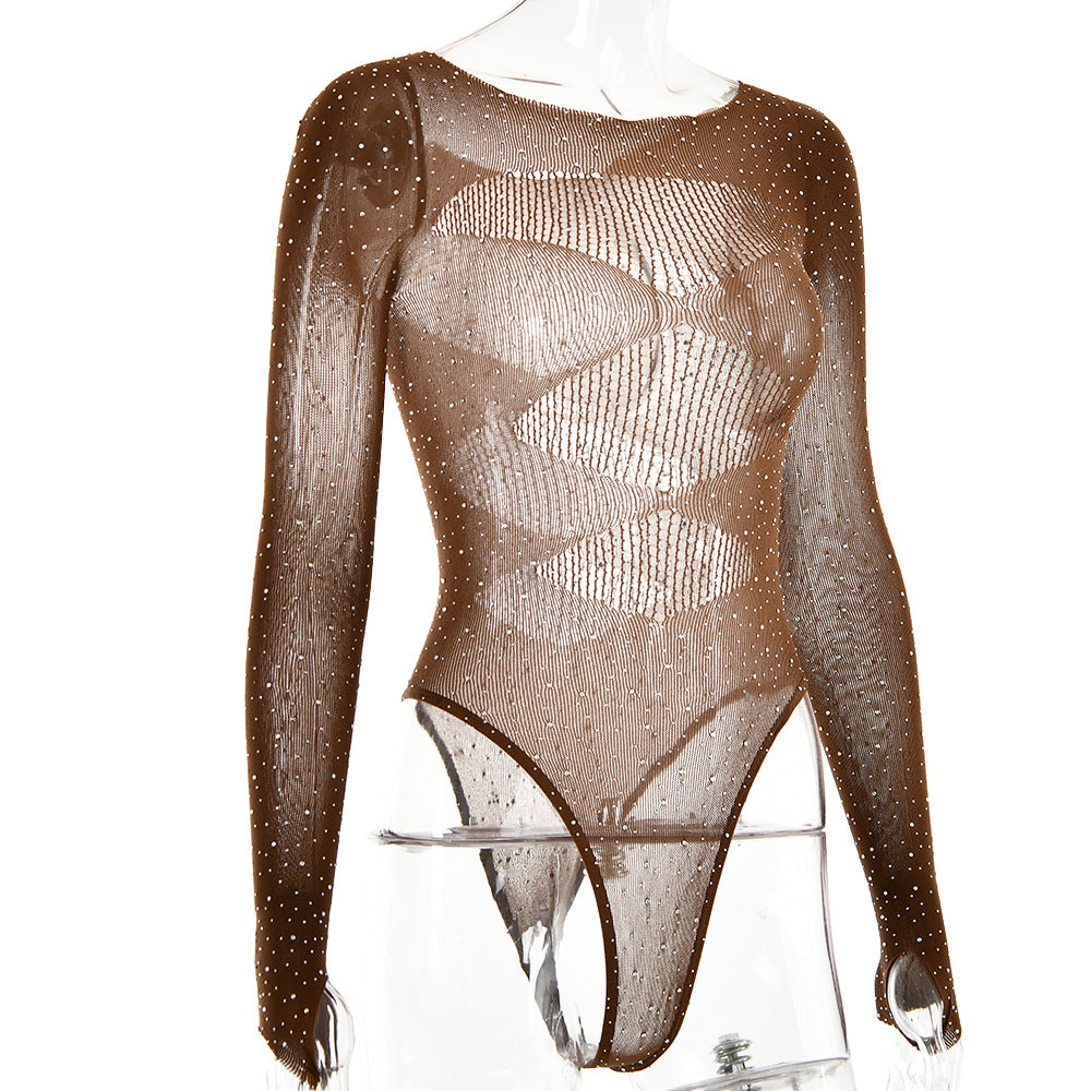 Rhinestone Sheer Mesh Long Sleeve Bodysuit - Coffee - 3