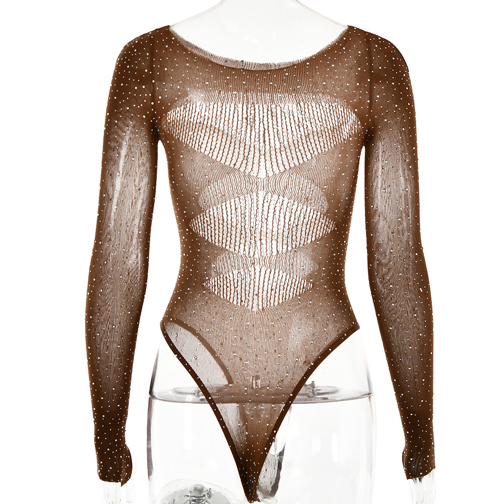 Rhinestone Sheer Mesh Long Sleeve Bodysuit - Coffee - 4
