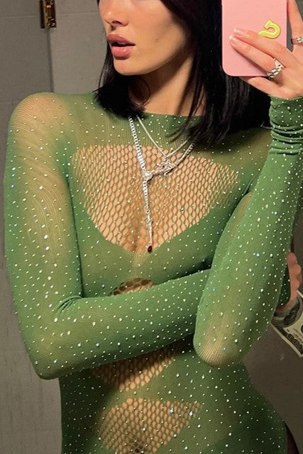 Rhinestone Sheer Mesh Long Sleeve Bodysuit - Green - 1
