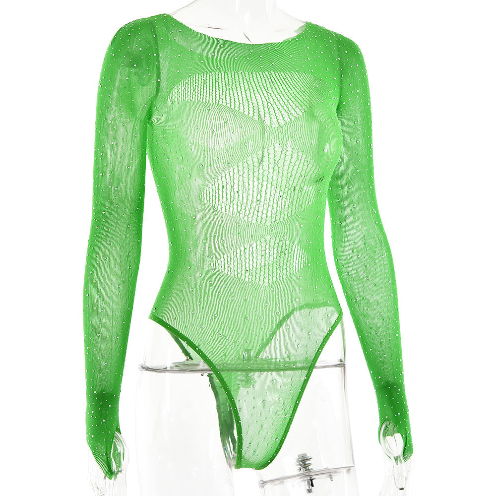 Rhinestone Sheer Mesh Long Sleeve Bodysuit - Green - 4
