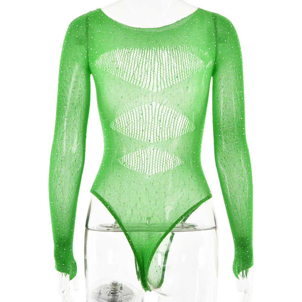 Rhinestone Sheer Mesh Long Sleeve Bodysuit - Green - 5