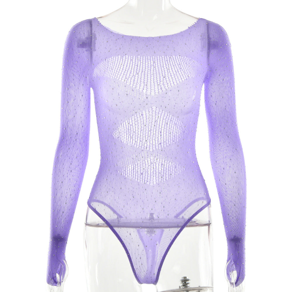 Rhinestone Sheer Mesh Long Sleeve Bodysuit - Purple