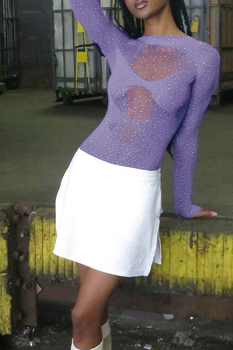 Rhinestone Sheer Mesh Long Sleeve Bodysuit - Purple - 1