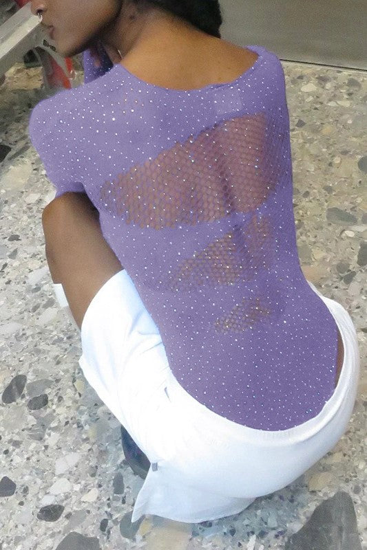 Rhinestone Sheer Mesh Long Sleeve Bodysuit - Purple - 2