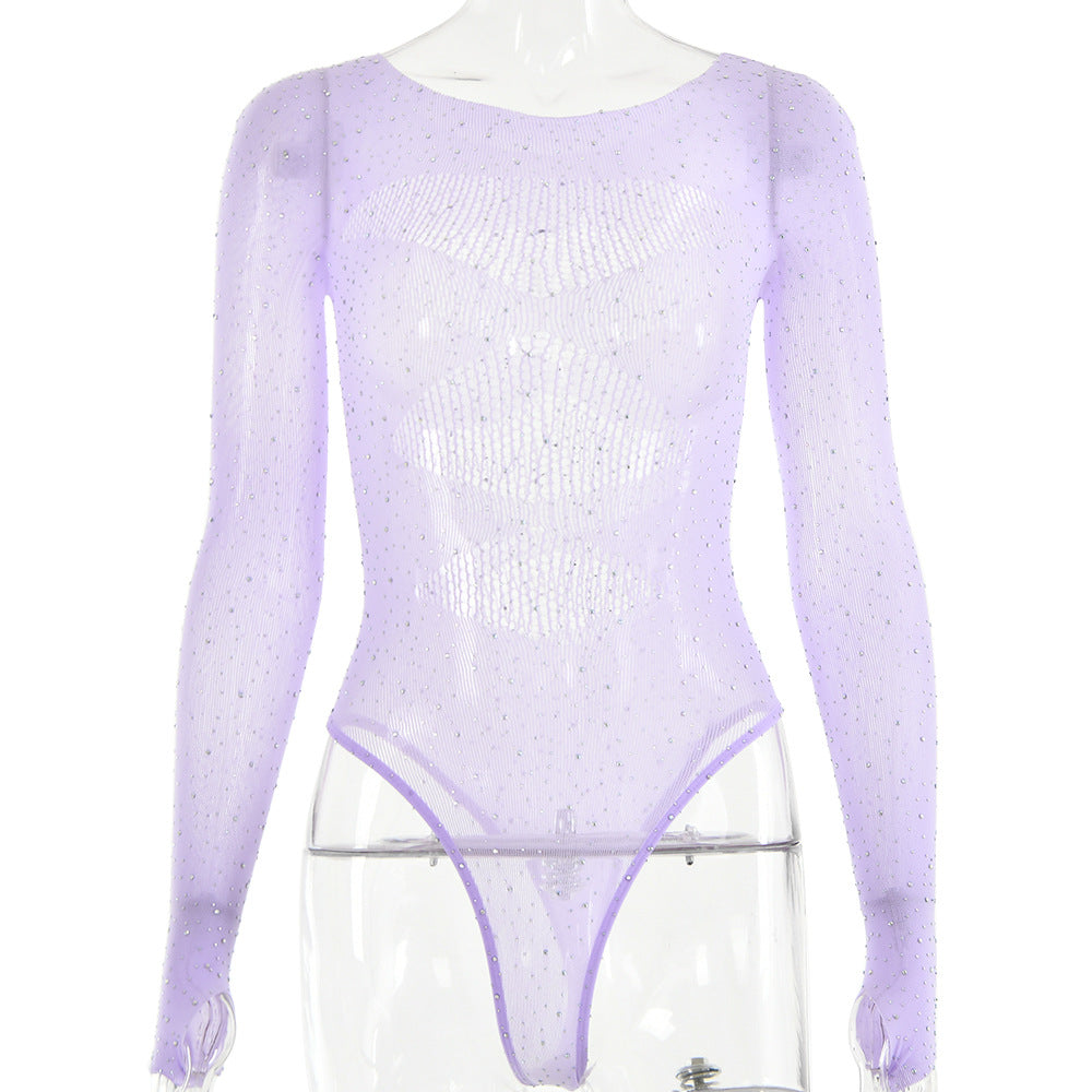 Rhinestone Sheer Mesh Long Sleeve Bodysuit - Purple - 3