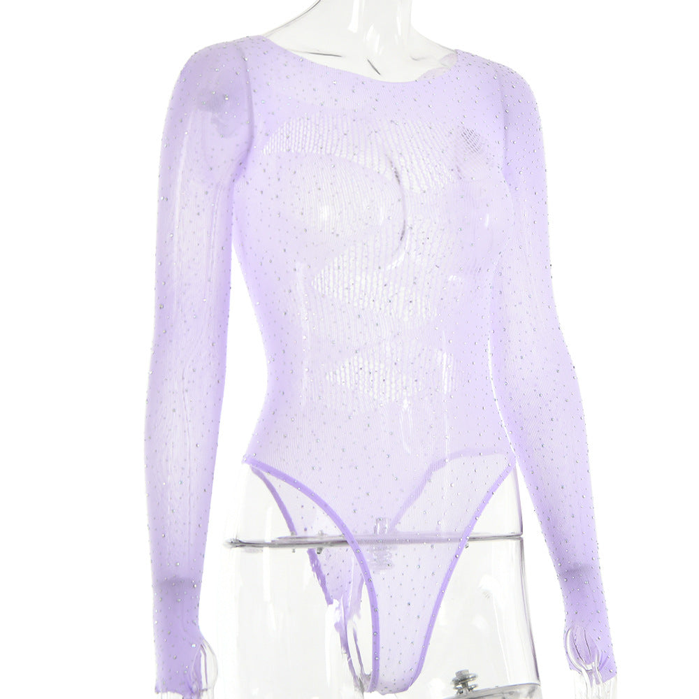Rhinestone Sheer Mesh Long Sleeve Bodysuit - Purple - 4