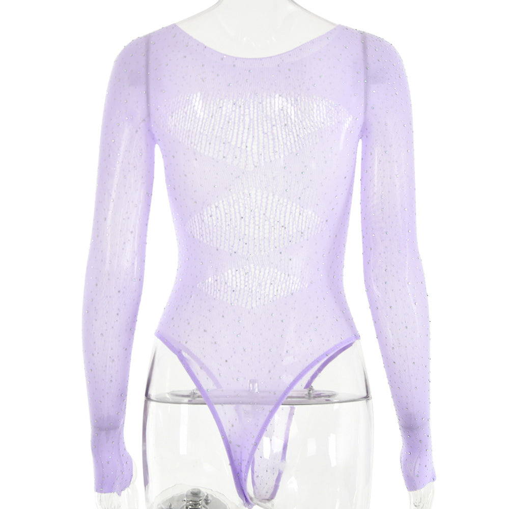 Rhinestone Sheer Mesh Long Sleeve Bodysuit - Purple - 5