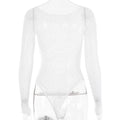 Rhinestone Sheer Mesh Long Sleeve Bodysuit - White