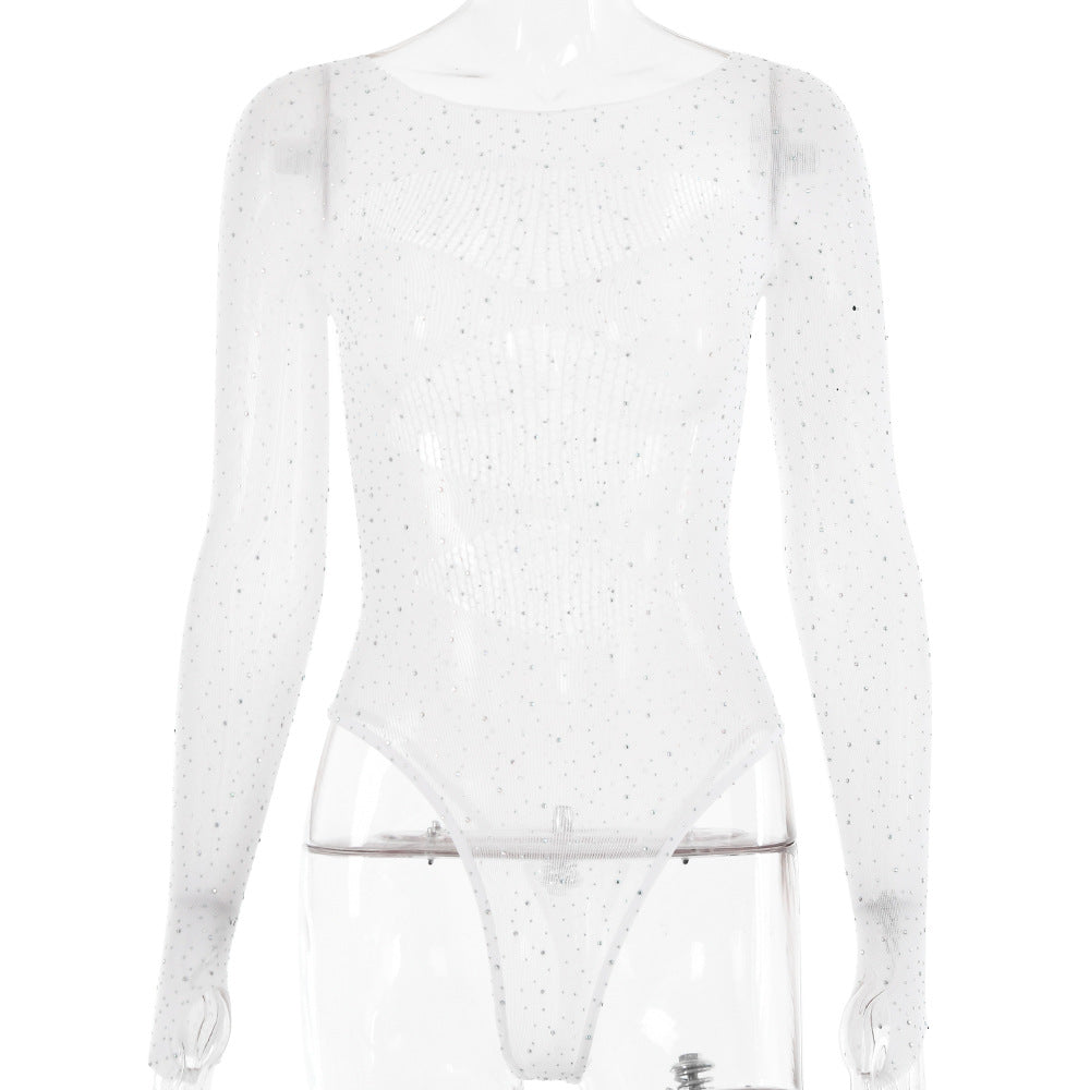 Rhinestone Sheer Mesh Long Sleeve Bodysuit - White - 1