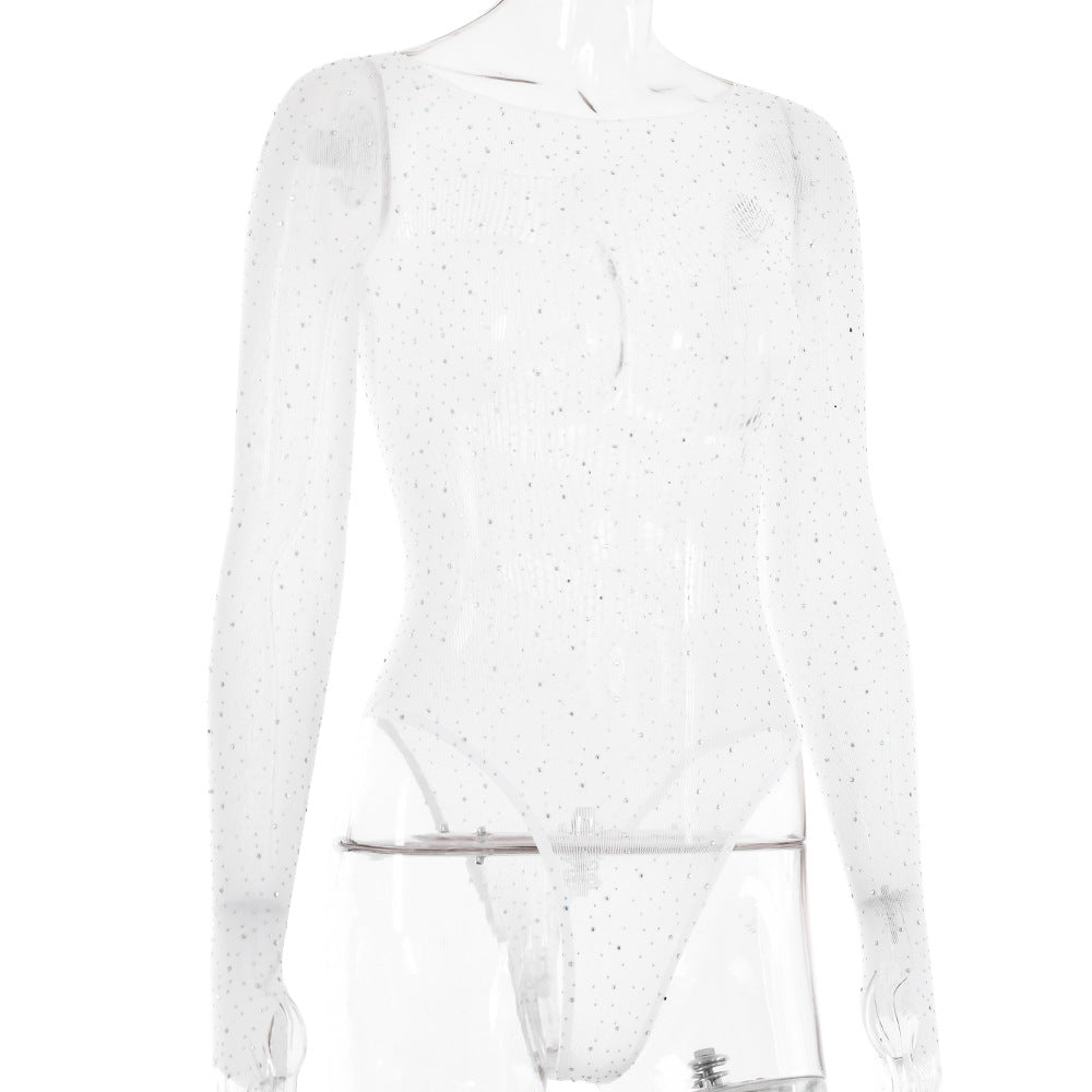 Rhinestone Sheer Mesh Long Sleeve Bodysuit - White - 2