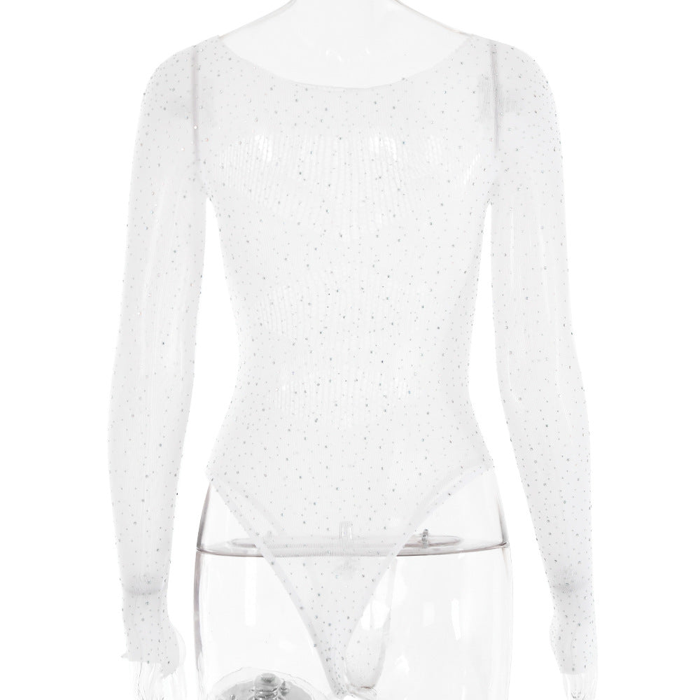 Rhinestone Sheer Mesh Long Sleeve Bodysuit - White - 3