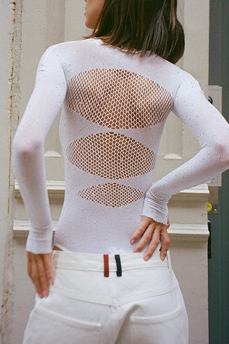 Rhinestone Sheer Mesh Long Sleeve Bodysuit - White - 4
